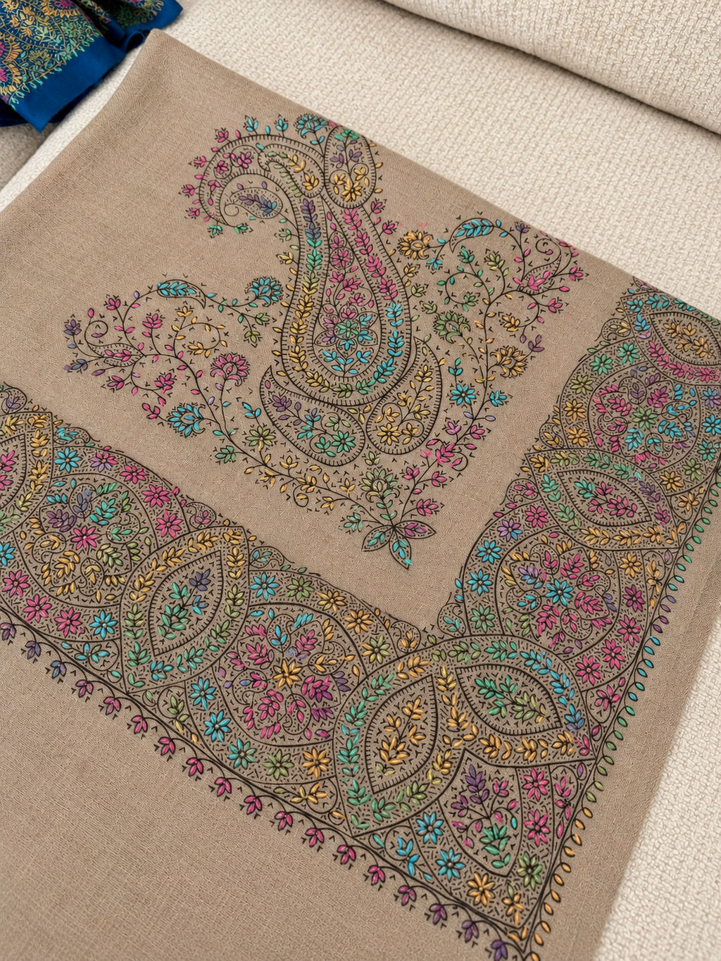 Gulrang Shawl – hand-embroidered taupe pashmina with colourful paisley and floral border