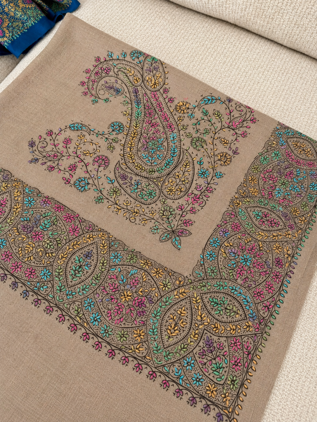 Gulrang Shawl – hand-embroidered taupe pashmina with colourful paisley and floral border